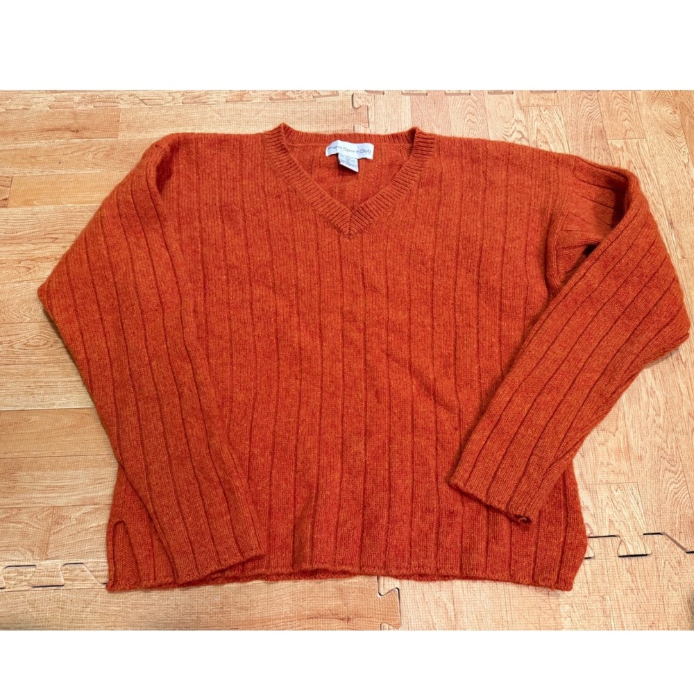 Paris Sport Club Vintage Orange 100% Shetland Wool Ribbed V-Neck Sweater Medium